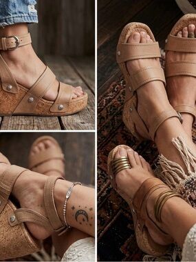 Lucky Brand Peachy Tan Suede Cork Wedge Sandals - Size 6M
